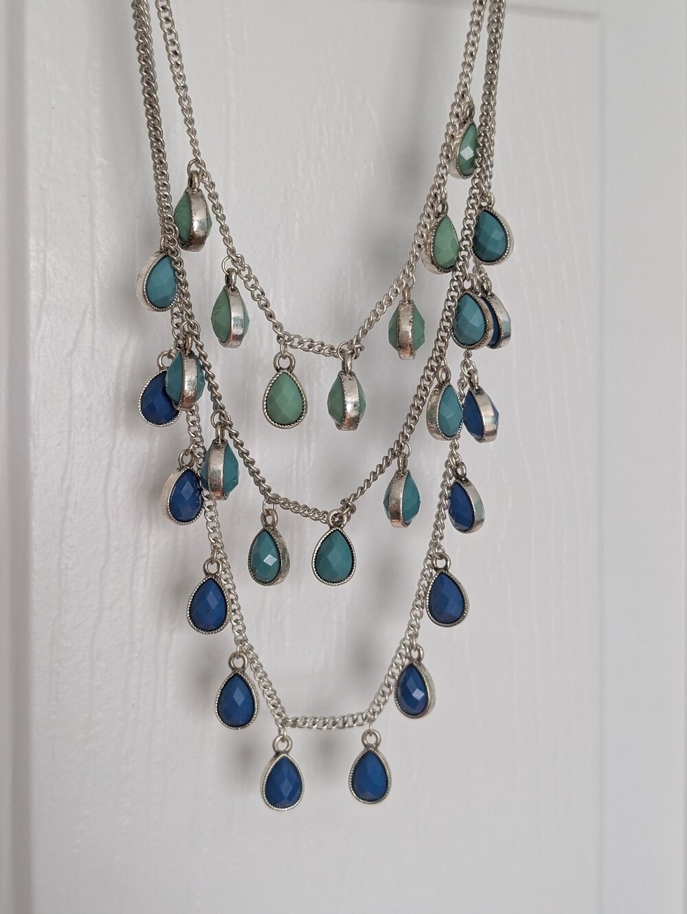 Silver Multi-Teardrop Blue & Teal Layered Necklace